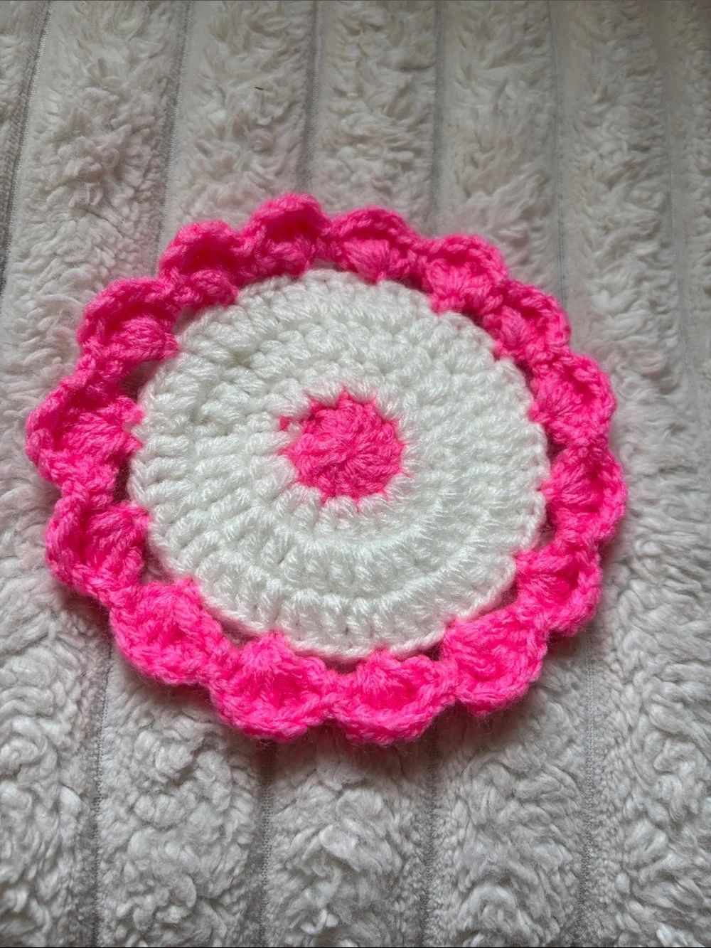 Handmade Kids Crochet Coaster - Pink and White